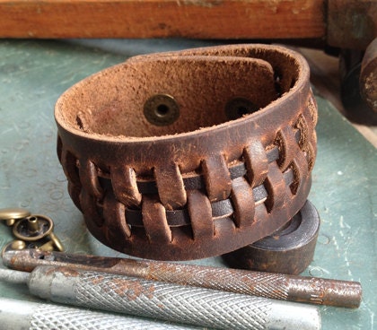 Antique Men's Brown Leather Cuff Bracelet, Leather Wrist Band Wristband Handcrafted Jewelry
