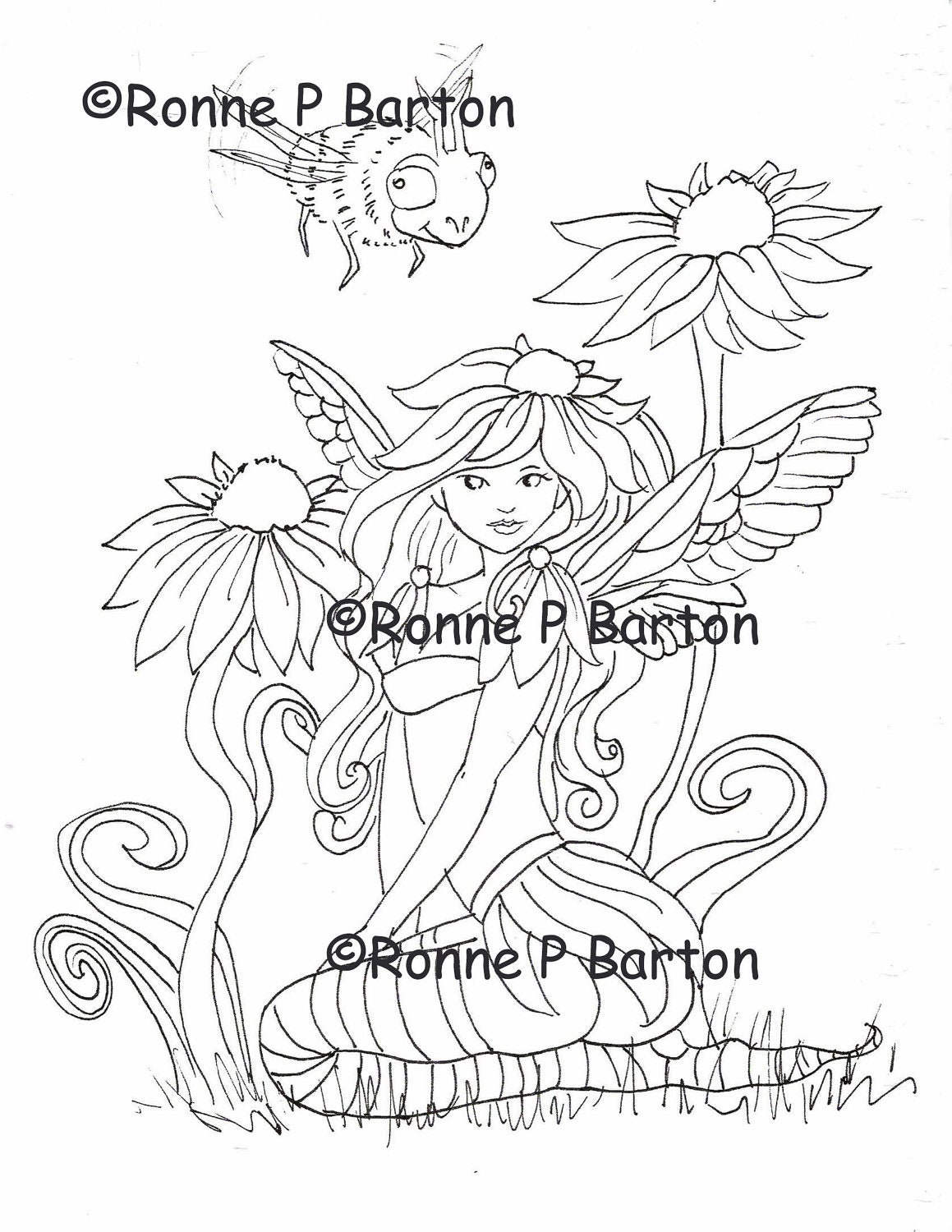 IMG008 Instant Download digital stamp digi Susan fairy bumblebee floral flower fantasy printable coloring page