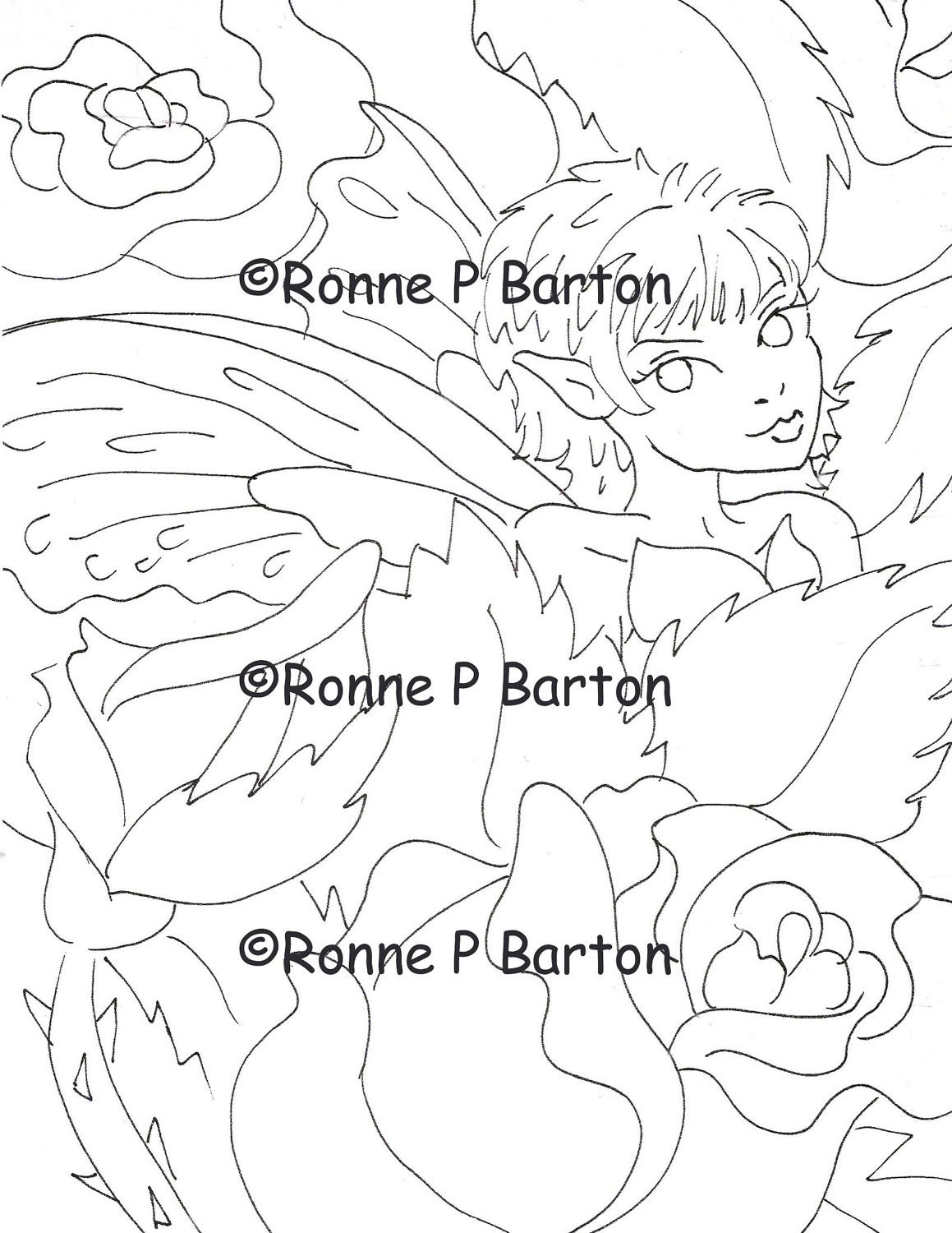 IMG004 INSTANT DOWNLOAD digi stamp digital Hiding in the Roses big eye Fairy printable art coloring page fantasy by Ronne Barton