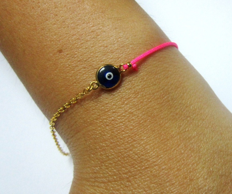 Evil Eye Bracelet, Hot Pink Neon String, Half Chain, Lucky Eye Gold Bracelet