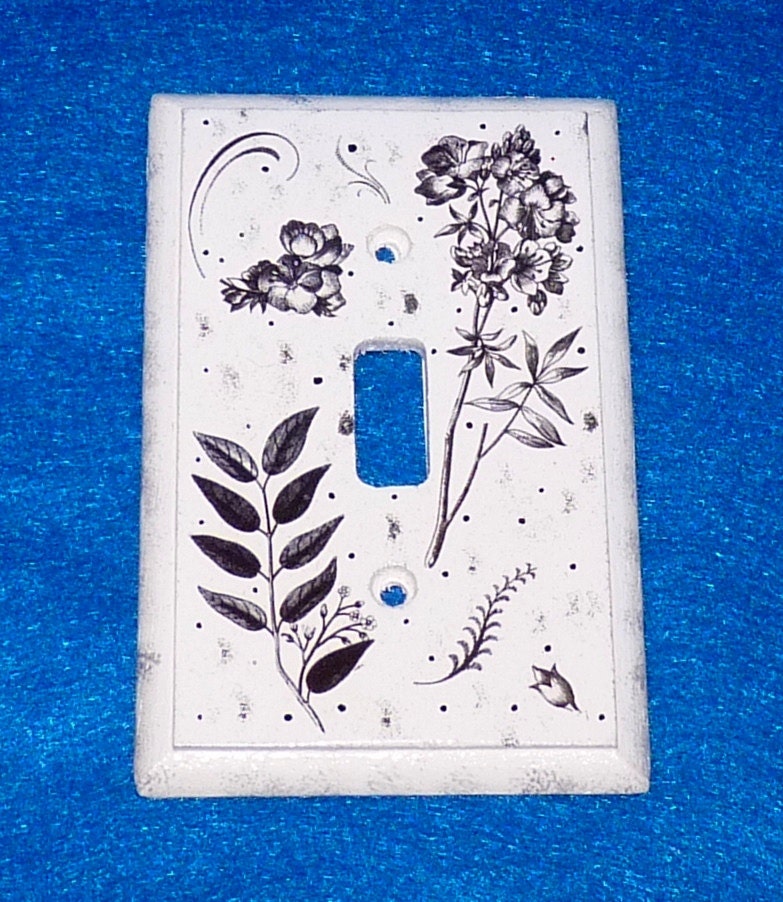 Hand Painted Wood Light Switch Plate Black White Victorian Floral Single Wooden LIGHT Cover Crafted
