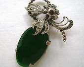 Art Deco Silver Chrysoprase fruit  Marcasite Flower brooch