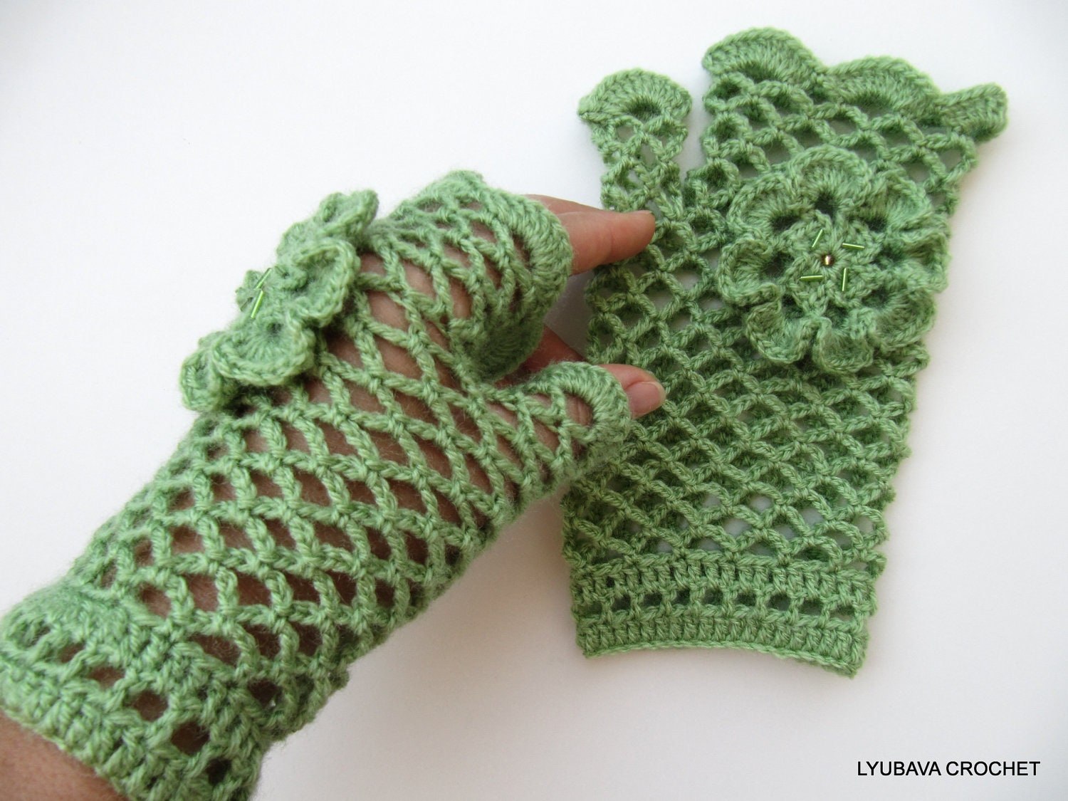 Crochet Lace Gloves, Green Fingerless Crochet Lacy Gloves With Flower 3D, Crochet Wrist Warmer, Crochet Arm Warmers, Cyprus Lyubava Crochet