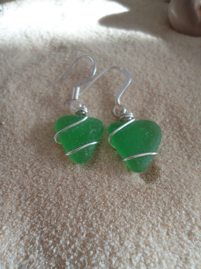 Wire wrapped green sea glass earrings