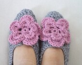 Adult Wool Grey Crochet Socks Slippers, Whit rose pink flower. Thick, Simply Socks, Women slippers house shoes.