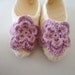 Adult Wool Ivory Crochet Slippers, Whit rose pink flower. Thick, Simply slippers, Women slippers house shoes, wedding shoes.