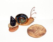 You Rock Snail, Tree Stepping Stone and Rocks - Stoneware Ceramic Pottery Sculpture for Miniature Gardens or Collectables