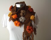 Hand Knit Women Scarf  Long Warm Scarf With Crochet Flowers in Cinemon Brown Orange Beige Grey Mustard Yellow Ready For Sale