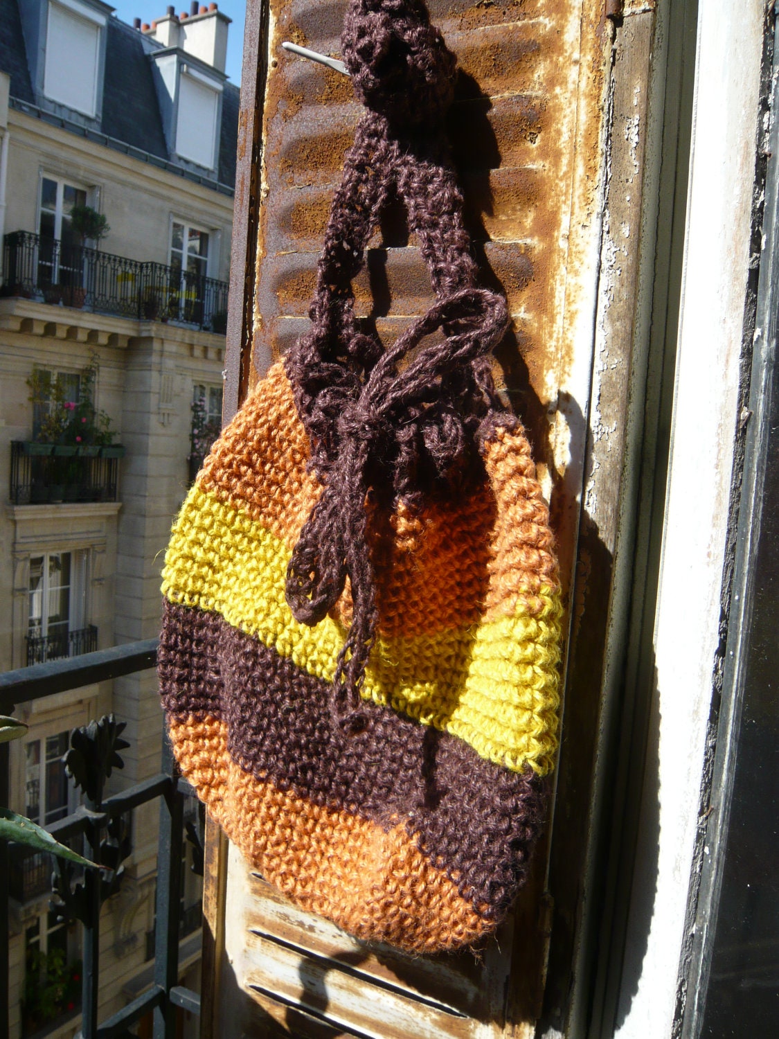 handmade crocheted jute twine bag,tote, colourful,stripes,yellow,orange,halloween,brown, Corricella pattern