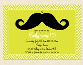 Neon Teen Girl Invitation Birthday Mustache Lime Green Tween Moustache Printable