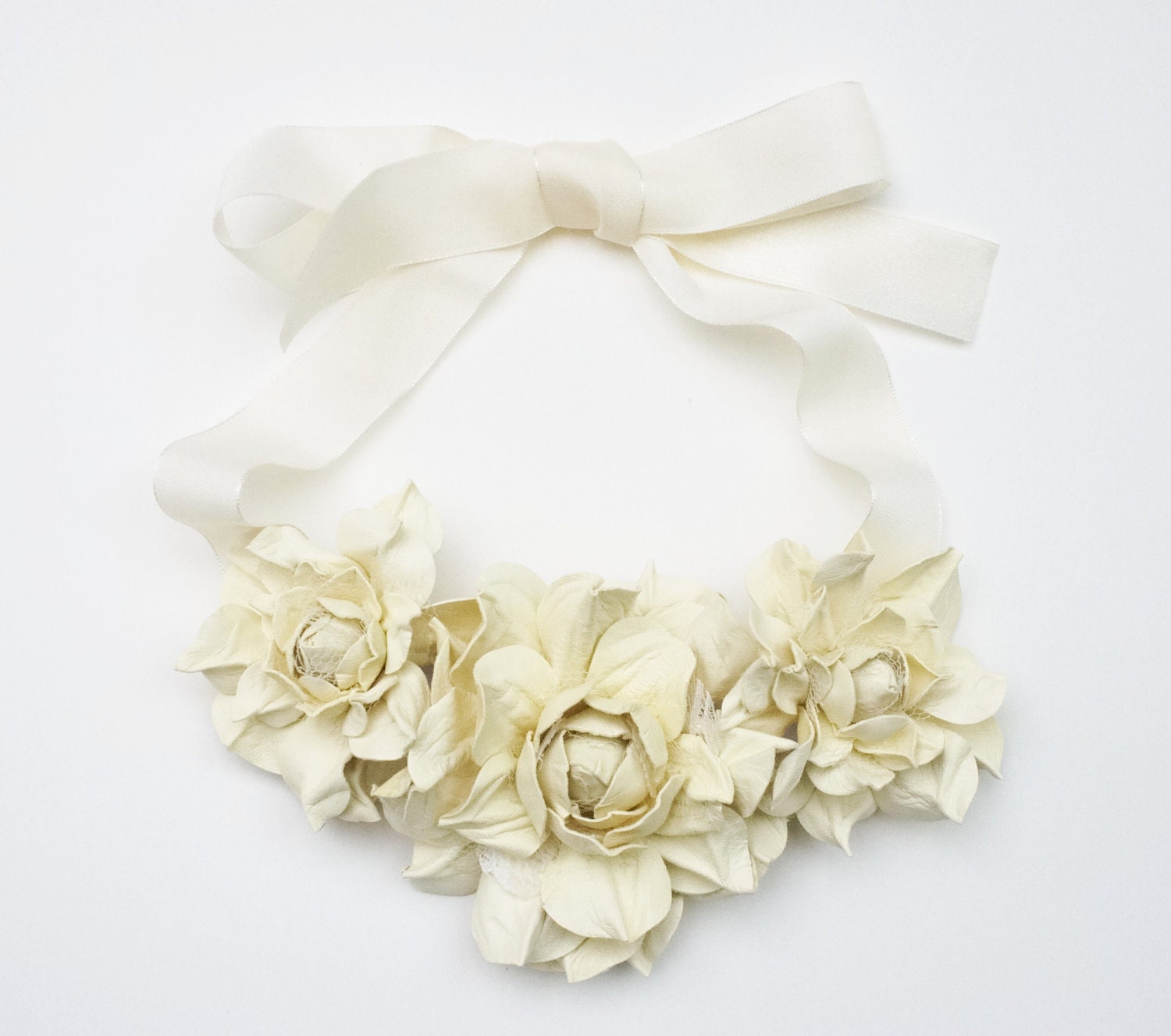 Ivory leather floral bib necklace - Made to Order