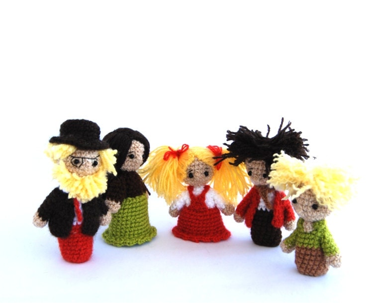 Orange Green family puppets, crocheted father, mother and three children: two boy and a girl, family portrait, amigurumi little human dolls