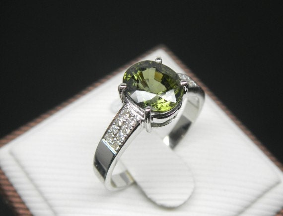 Engagement Ring -  1.5 Carat Green Tourmaline Ring With Diamonds In 14K White Gold