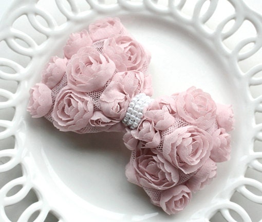Handmade shabby chic flower Rose trim ribbon bow pearl Baby Girl Wedding Applique 5 colors (dark indian pink)