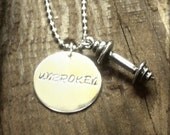UNBROKEN necklace with pewter barbell... Crossfit workout