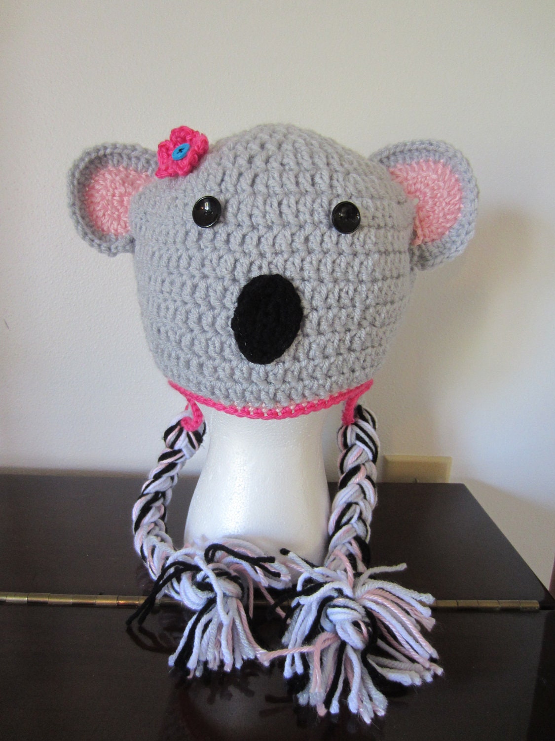 CUTE KOALA  Hat.  Gray and Pink Koala Hat with Ear Flaps and Braids.