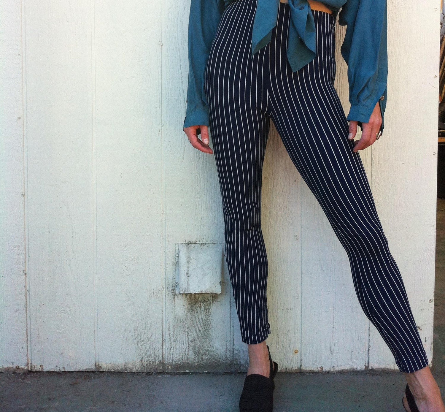 reconstructed deadstock navy pinstripe leggings
