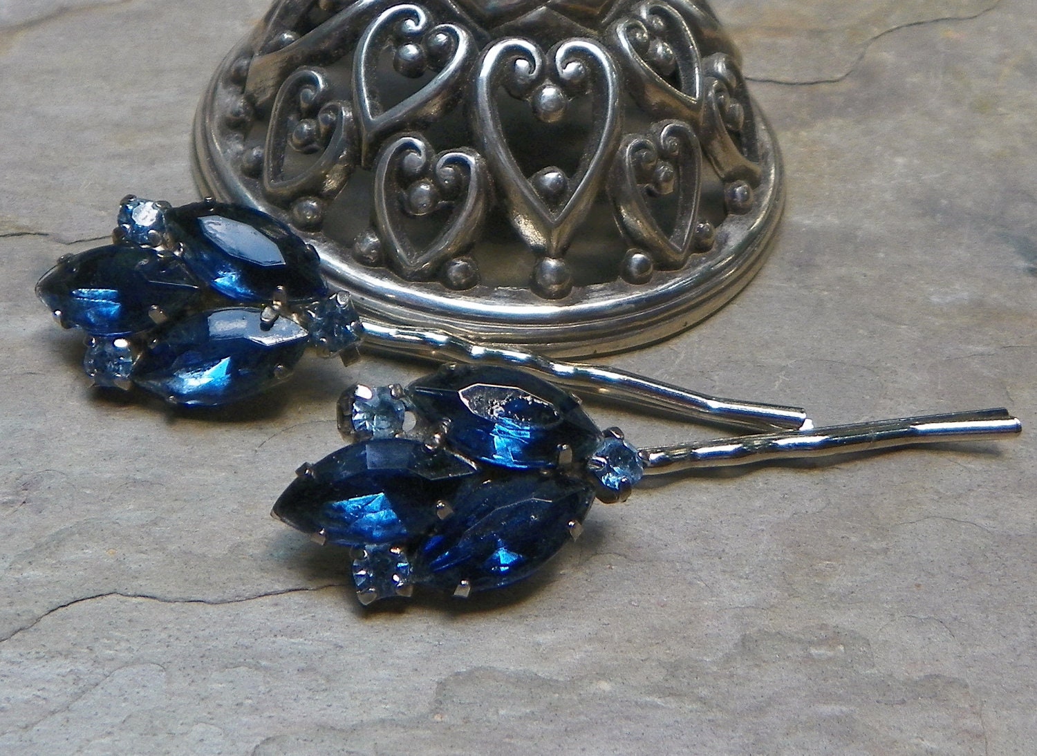 Winter Bridal Blue Rhinestone Hair Pins, Vintage Recycled