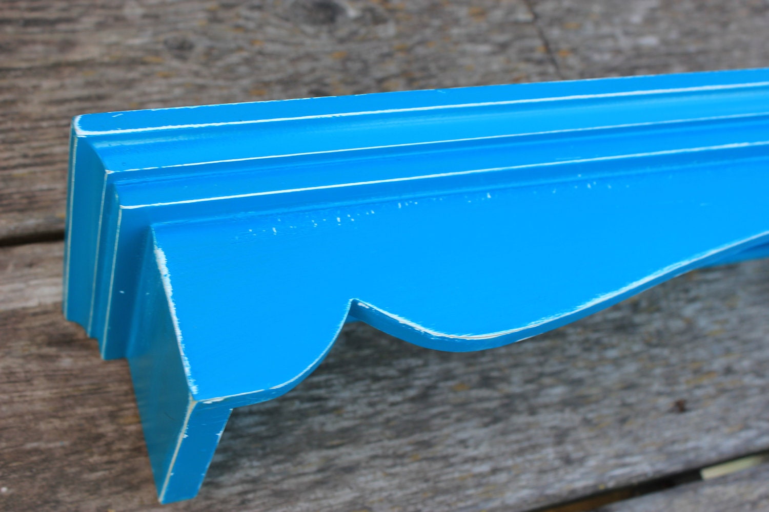 Shabby Chic Distressed Teal Shelf with Plate Rail  Cottage Beach Wall Home Decor