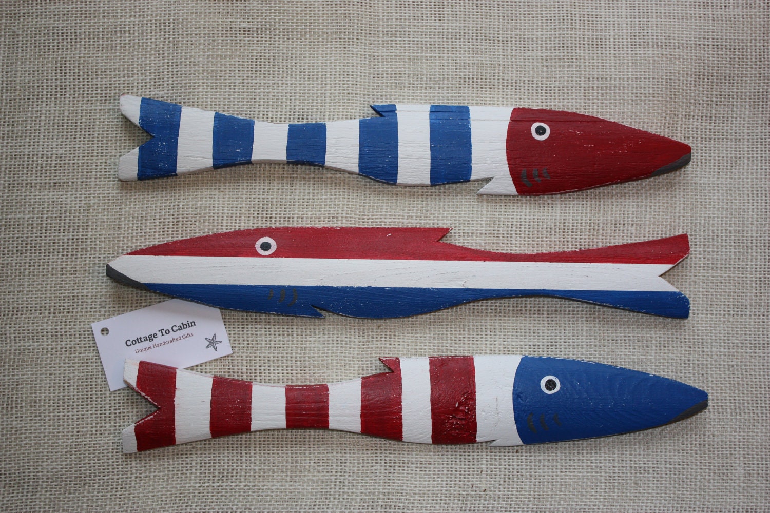 Set of THREE Medium 4th of JULY FISH Hand Painted Art Reclaimed Wood Beach Cottage Cabin Decor