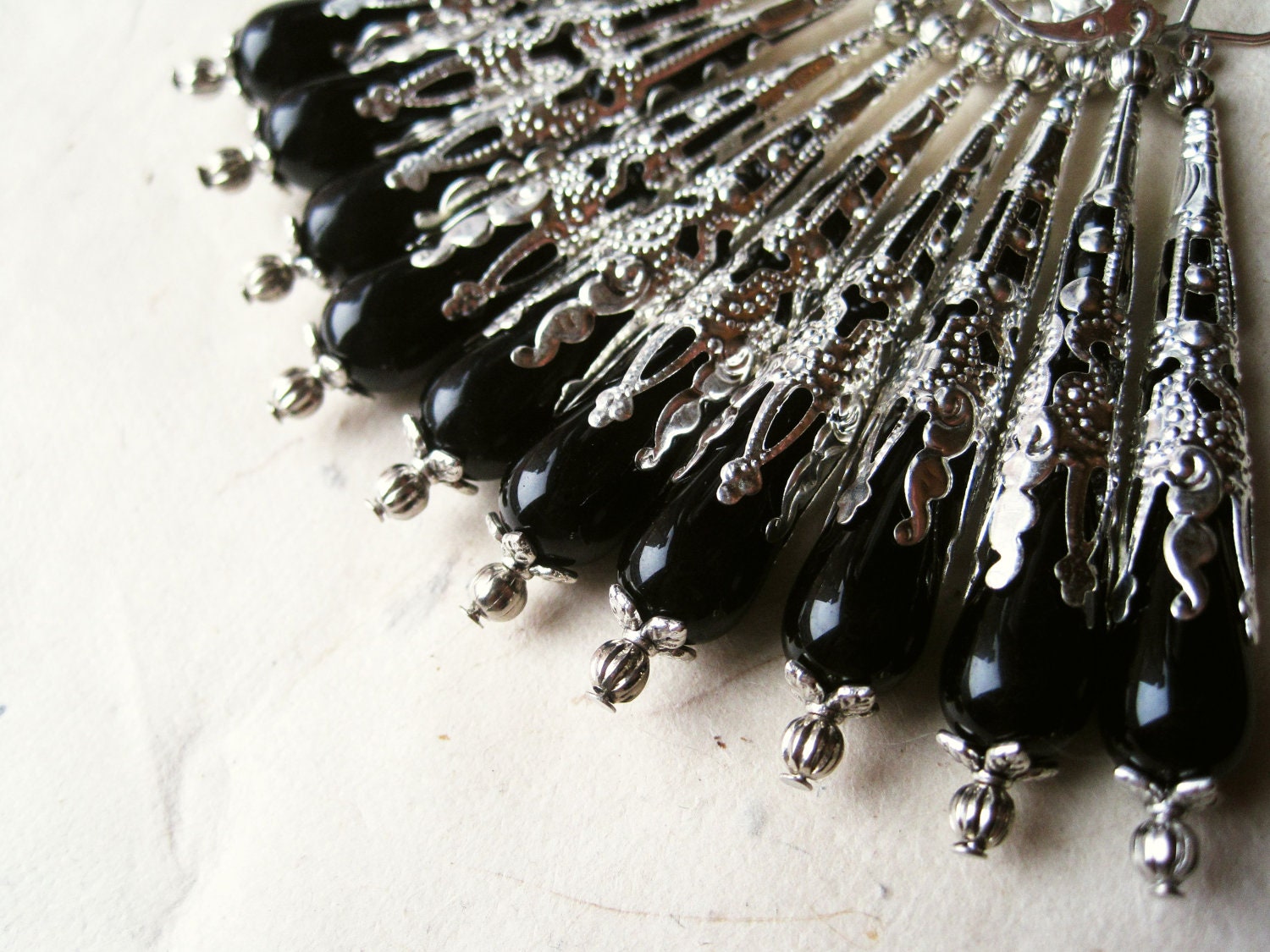 Black Teardrop Earrings, Black Victorian Earrings, Czech Glass Earrings, Black & Silver Filigree Earrings. Downton Abbey Inspired. DA3 VFC.