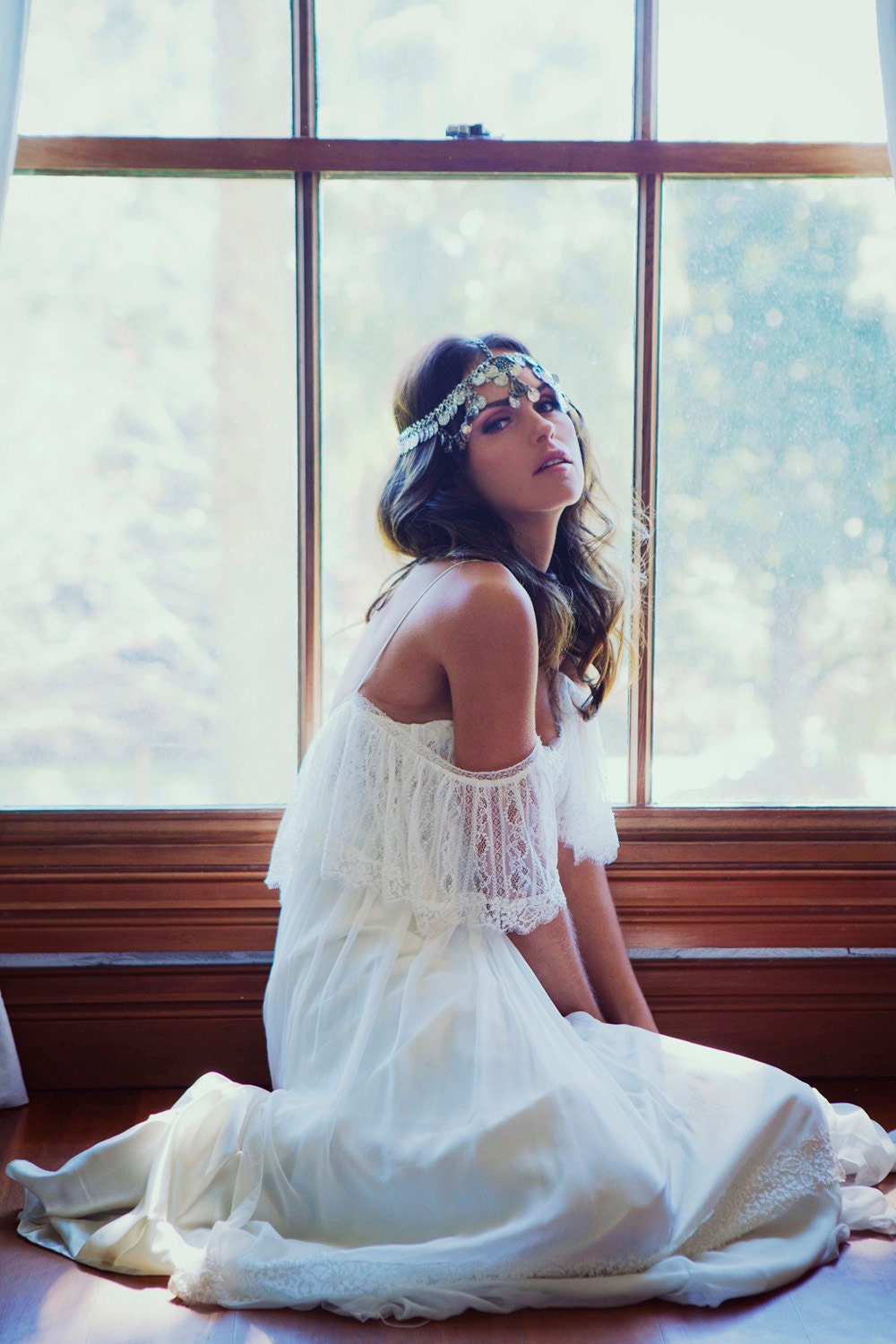Stunning low lace back wedding dress with silk chiffon body perfect for beach or garden vintage bohemian wedding