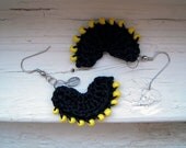 Crochet Beaded Dangle Earrings - Black with Neon Yellow Beads