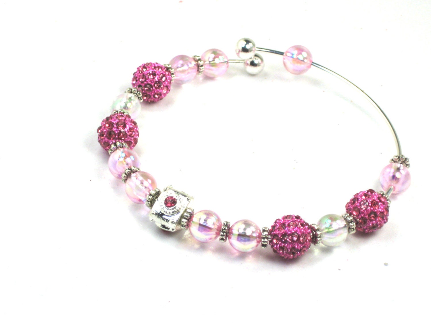 Shamballa Bangle Bracelet Silver Bangle Pink Flash Beads Pink Shamballa Bead Bangle Shamballa Silver Bead Pink Crystals