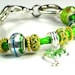 Lime Green Crystal Heart Bracelet, Handmade Lampwork Beads, Gold with Lime Crystals bead, Lime Green Leather, Silver Clasp