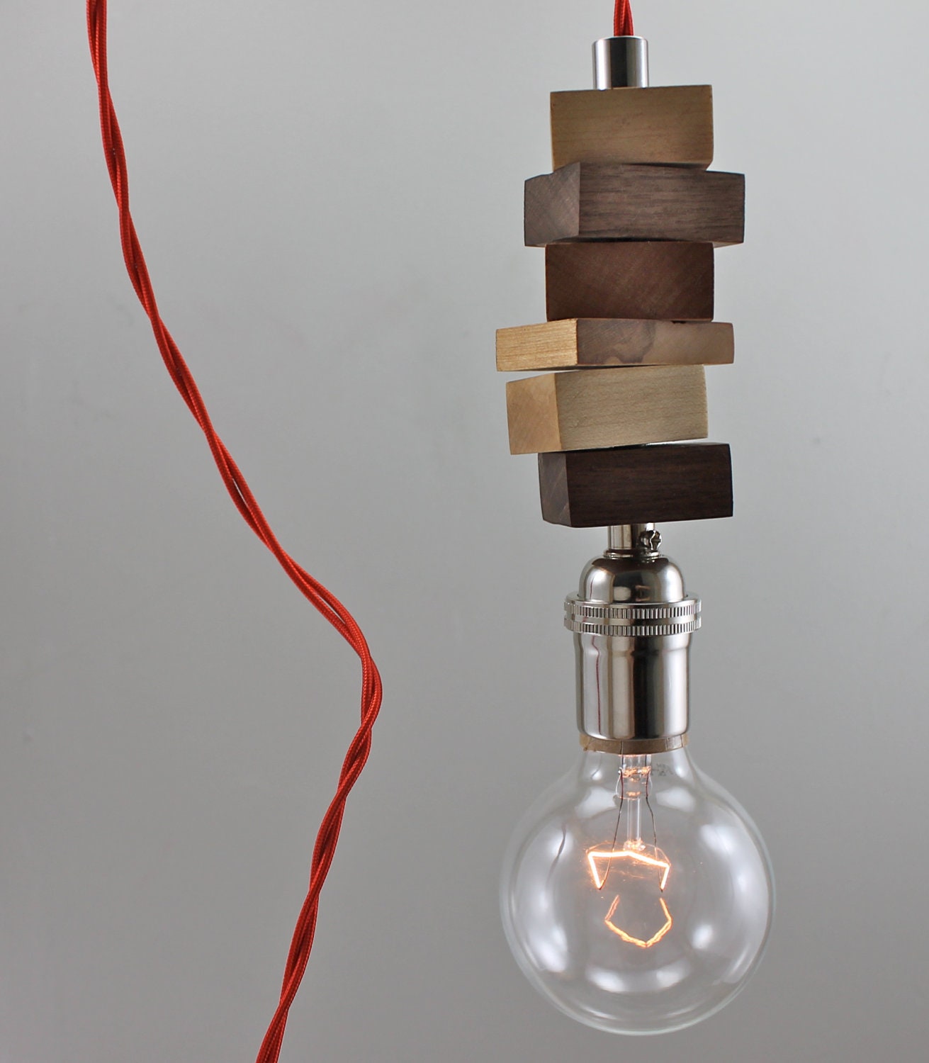 The "Stacked" Pendant Lighting -- Modern, Contemporary, Hanging, Wood Lamp, Light Fixture, Original Design Unique Minimal Bare Bulb