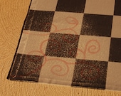 light grey & charcoal grey checked floorcloth with red swirl sublayer, canvas art for your floor