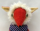 Mr Fox - Orange woollen fox - Handmade plush sculpture - woollen body with felt ears and boots - wearing woollen tank top and corduroy pants