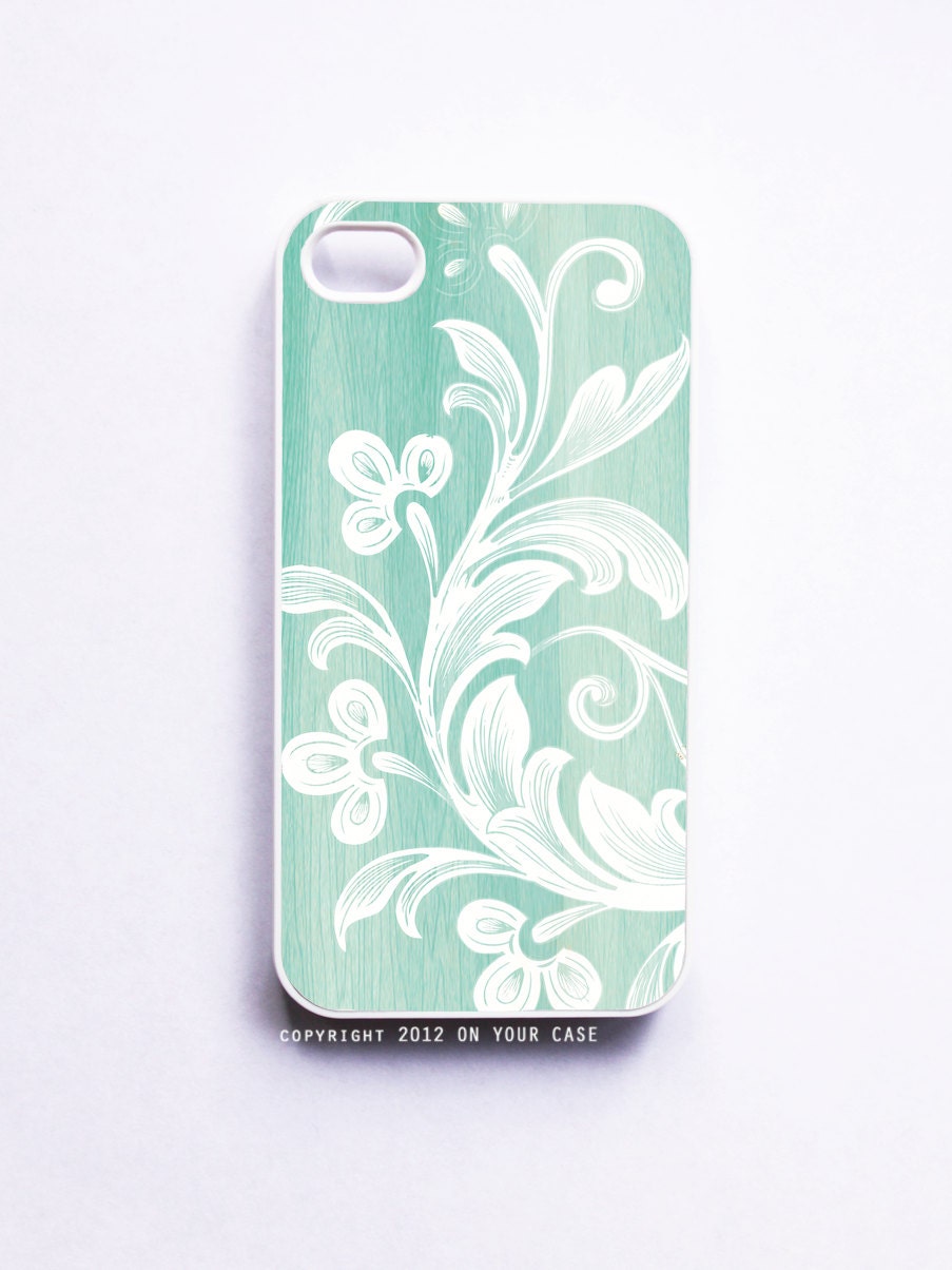 iPhone 4 Case Wood Grain Floral Aquamarine