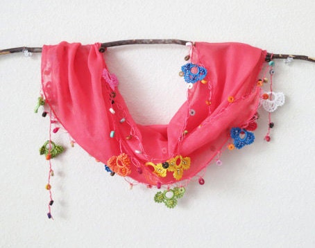 Lace Scarf, Coral Scarf, Colorful Lace, Lace Jewelry Scarf, Scarf Necklace, Bridesmaids Gift, Pink Scarf, Christmas Gift