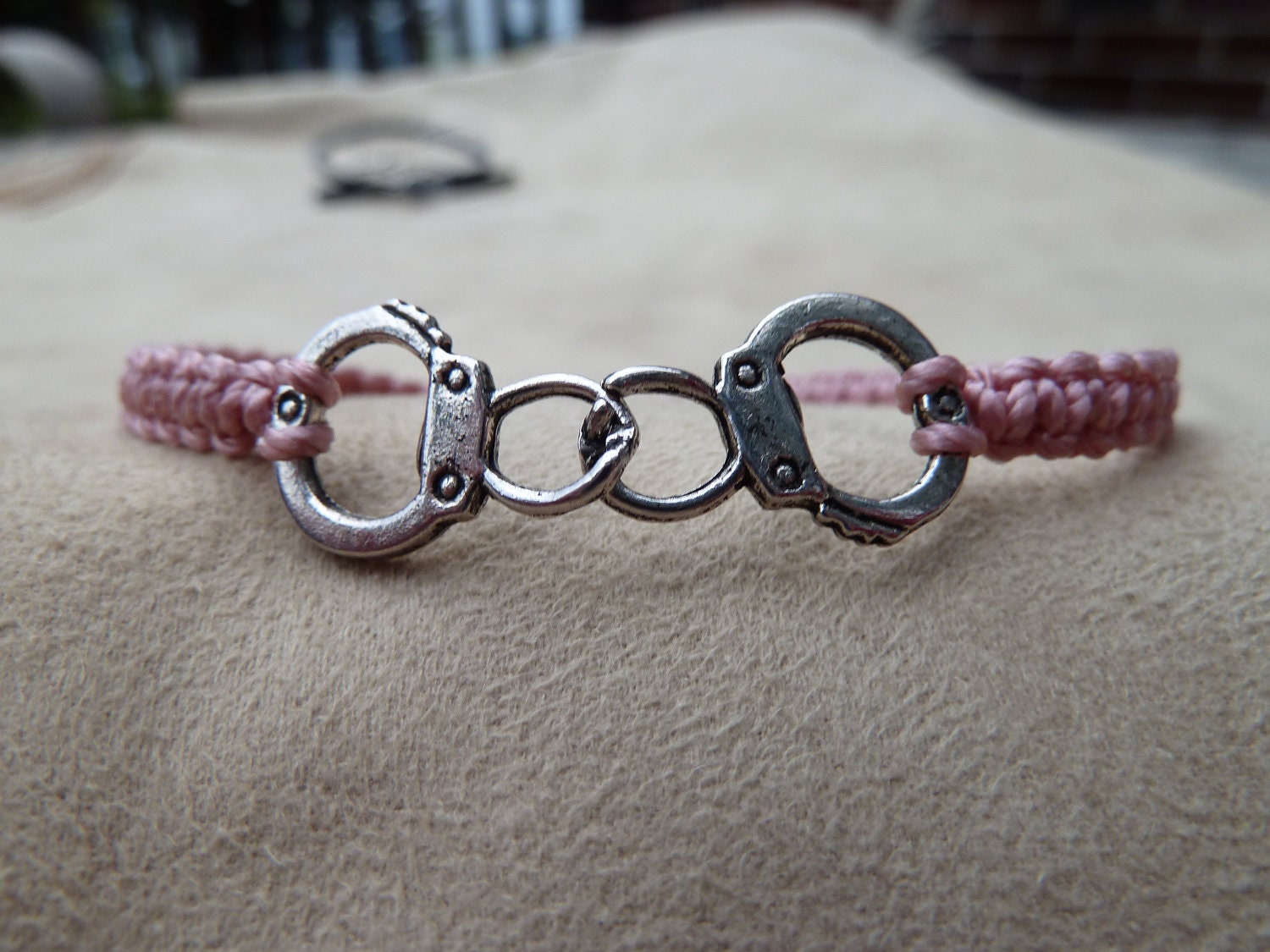 Pink Macrame Bracelet with Silver Handcuffs focal link & Sliding Adjustable Closure