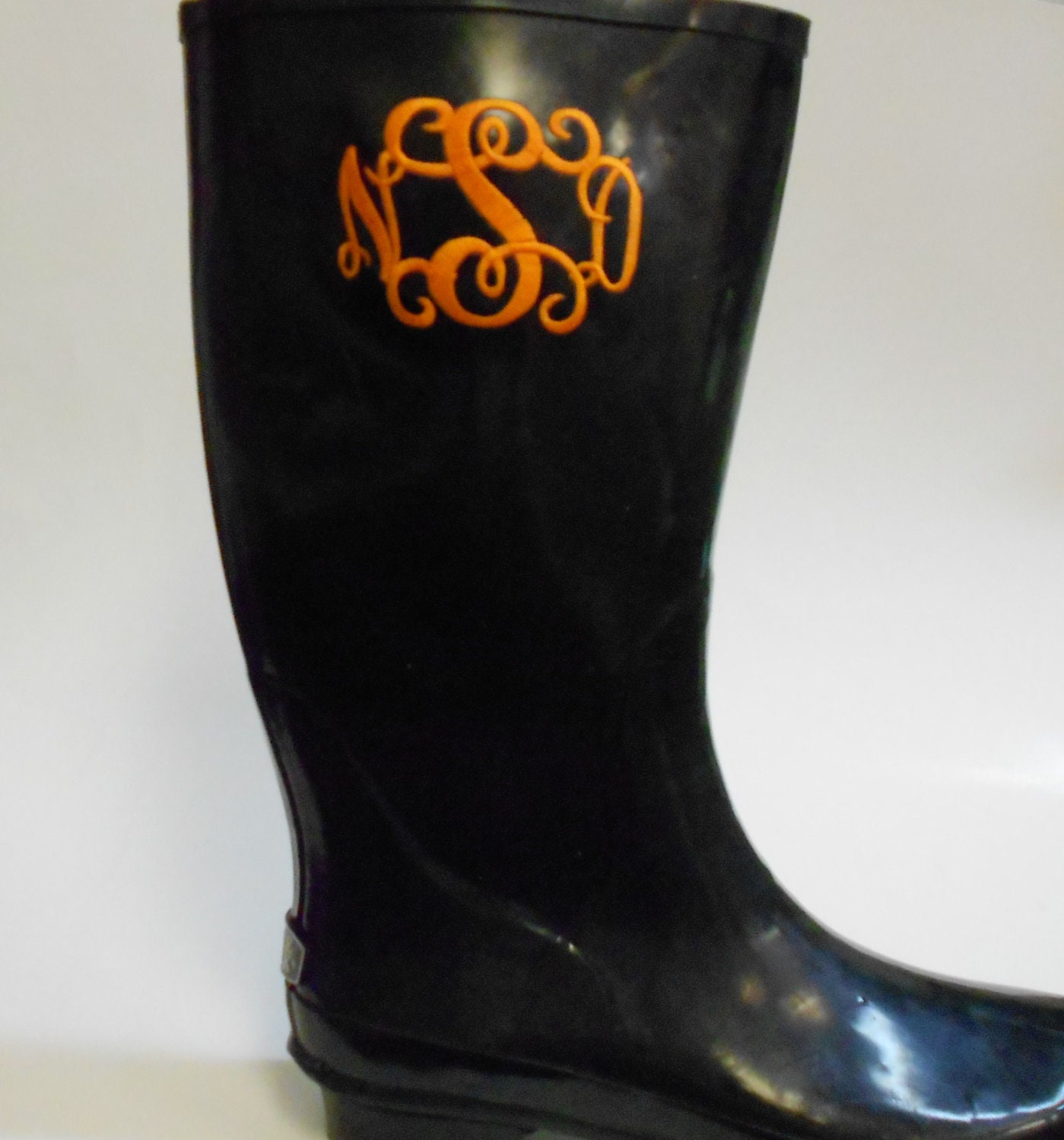 Monogrammed Black Rain Boots, font shown INTERLOCKING