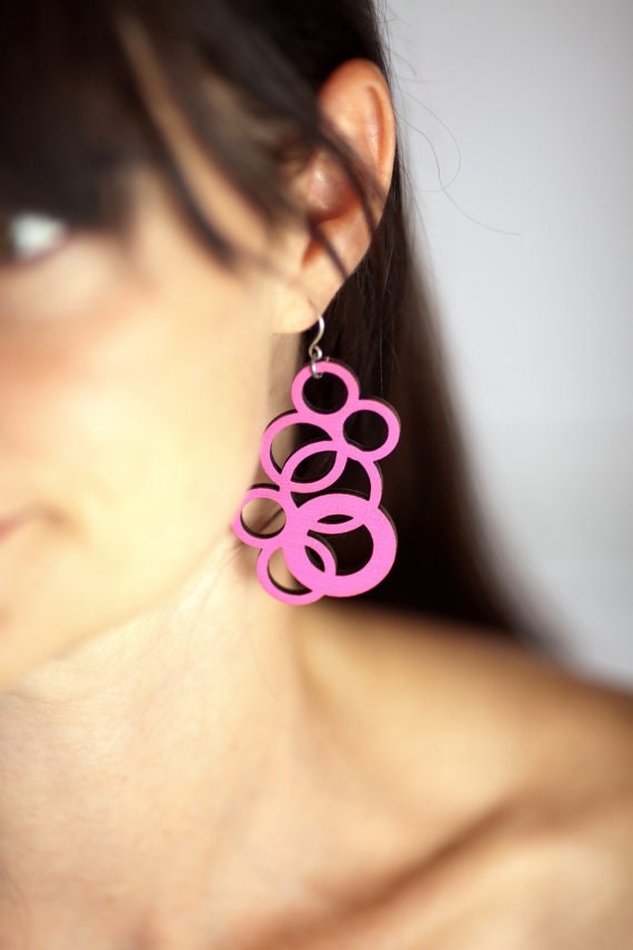 Pink Earrings Laser Cut Wood Jewelry