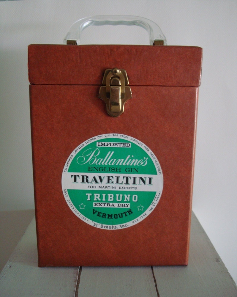 Mid Century TRAVEL Liquor BOX with Lucite Handle-Ballantines ENGLISH Gin Fathers Day Gift