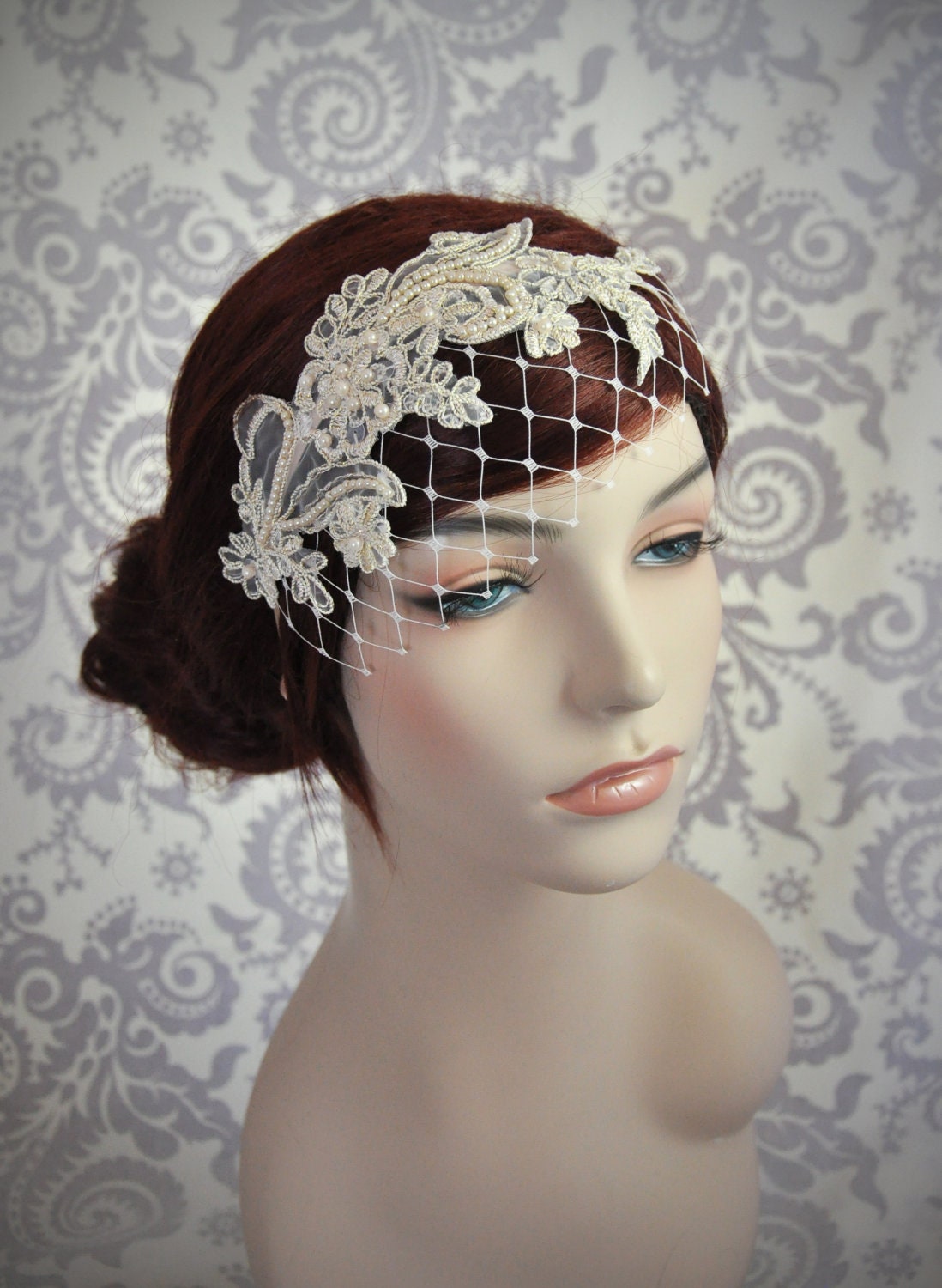 Champagne Birdcage Veil with Merry Widow Netting and Champagne Lace. Ivory Birdcage Veil, Champagne Bridal Headband, Ivory or champagne