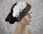 Birdcage Veil with Handmade Silk Flowers and Lace, Bird Cage Veil Bridal Headpiece, Detachable Veil, Bridal Hair Flowers, White, Ivory