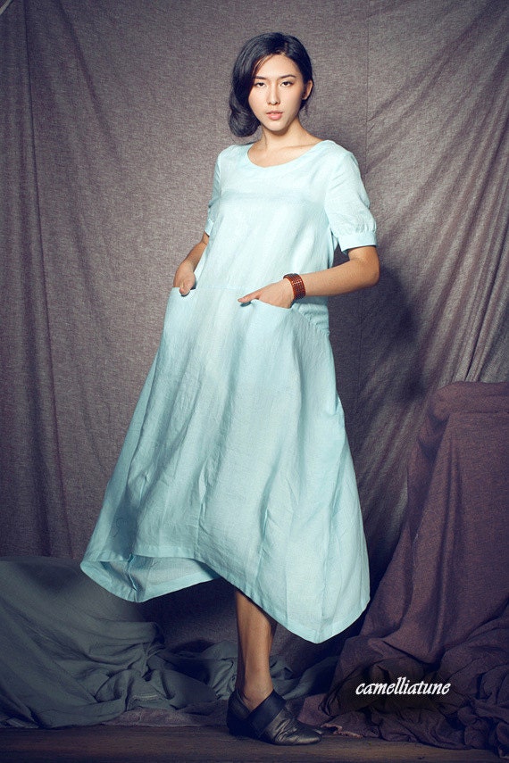 Long Shift Dress in mint green / Linen Dress - custom made