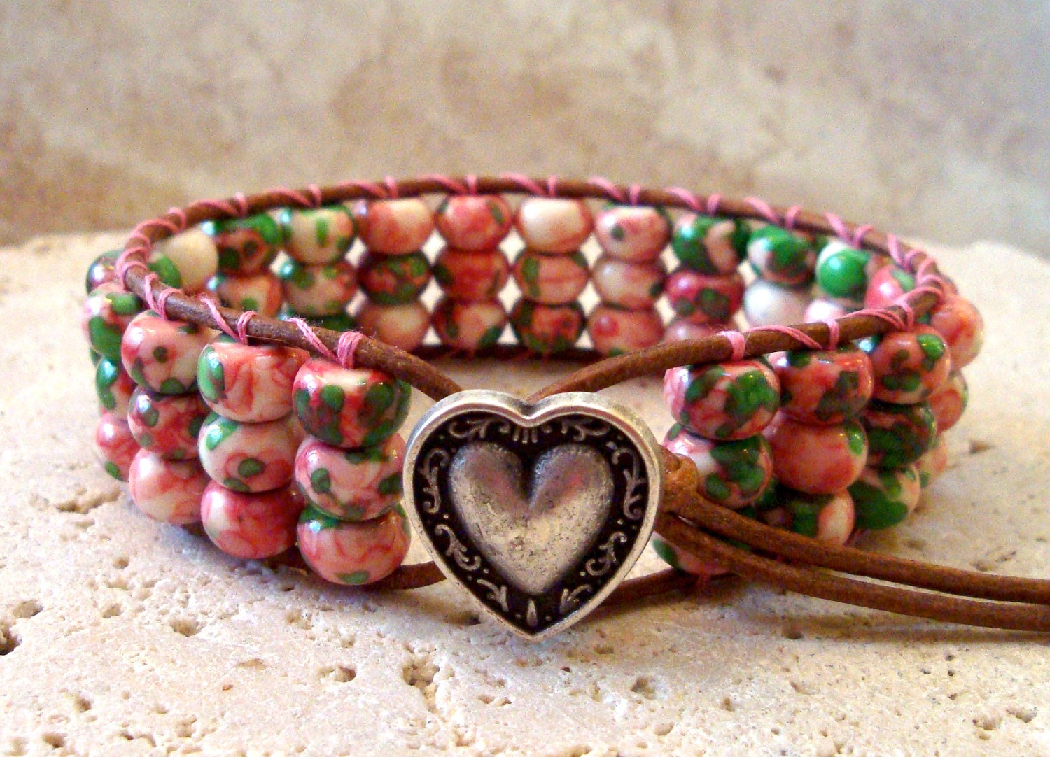 Pink Floral Multi Turquoise Abacus Handmade Beaded Leather Single Wrap Cuff  Style Bracelet