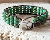 Green Turquoise Czech Picasso Handmade Beaded Leather Single Wrap Cuff  Style Bracelet