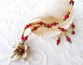 Red Czech Crystal Necklace  Eearrings-Gold Flower Motif Necklace  Earring-Wedding Necklce-Elegant Design Necklace & Earrings