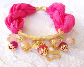 Fuchsia Turkish Silk Bracelet-Gold Bracelet-Semi-Precious Stone Bracelet