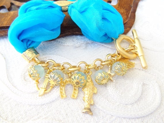 Turquoise  Turkish Silk Bracelet-Gold Plated Pisces Bracelet