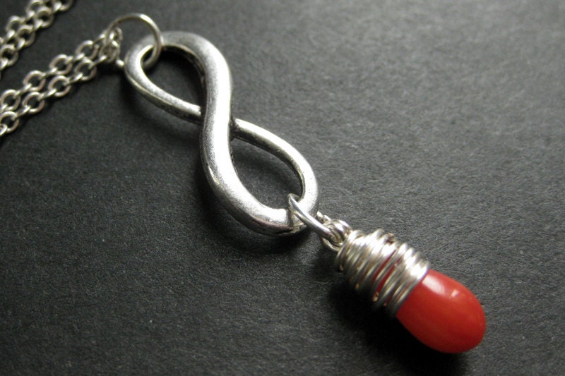 Silver Infinity Necklace. Orange Coral Necklace. Teardrop Necklace Wire Wrapped in Silver. Handmade Jewelry.