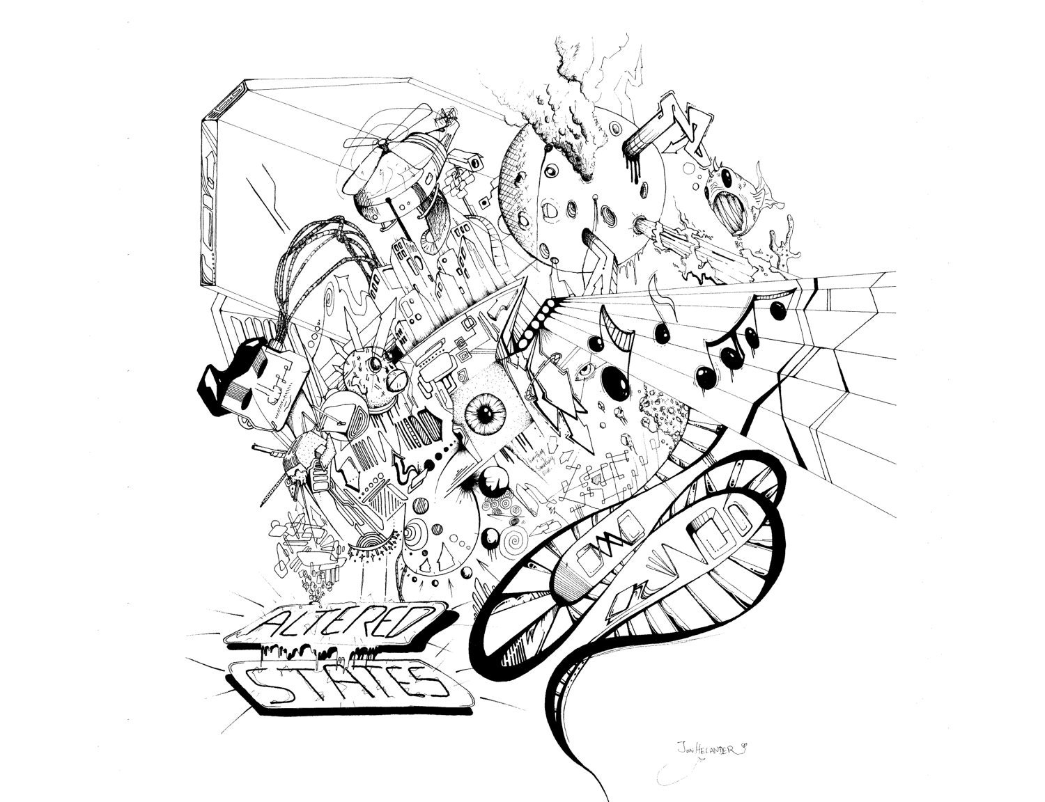 Drunk Funk - Abstract, Surreal, Geometrical. Explosion of good detail. Drawing, sketch.
