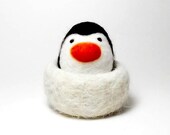 Needle felt black and white penguin nesting - miniature penguin soft sculpture