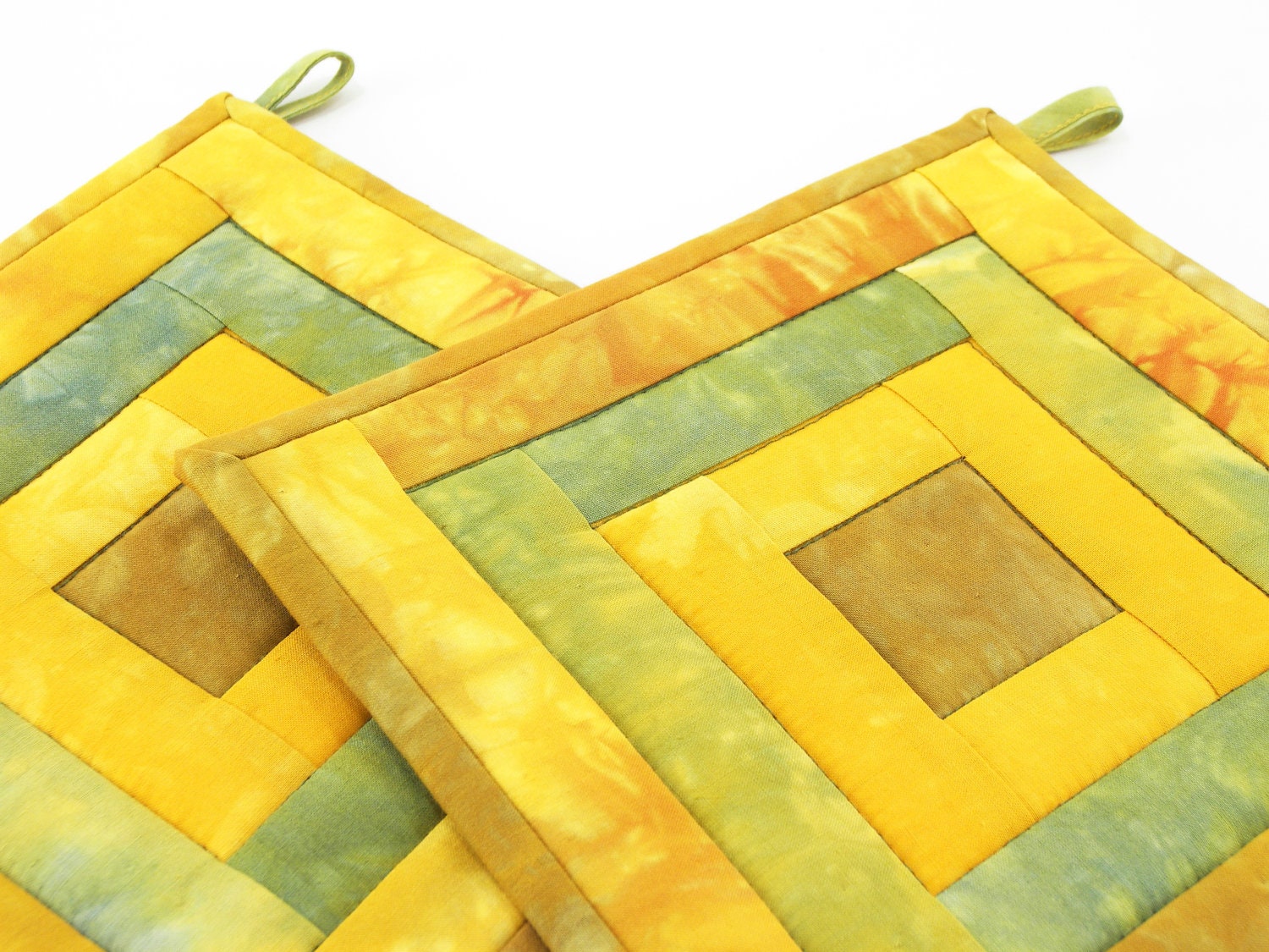 Fabric Hot Pads - Golden Yellow, Green and Bronze Tan Quilted Pot Holders